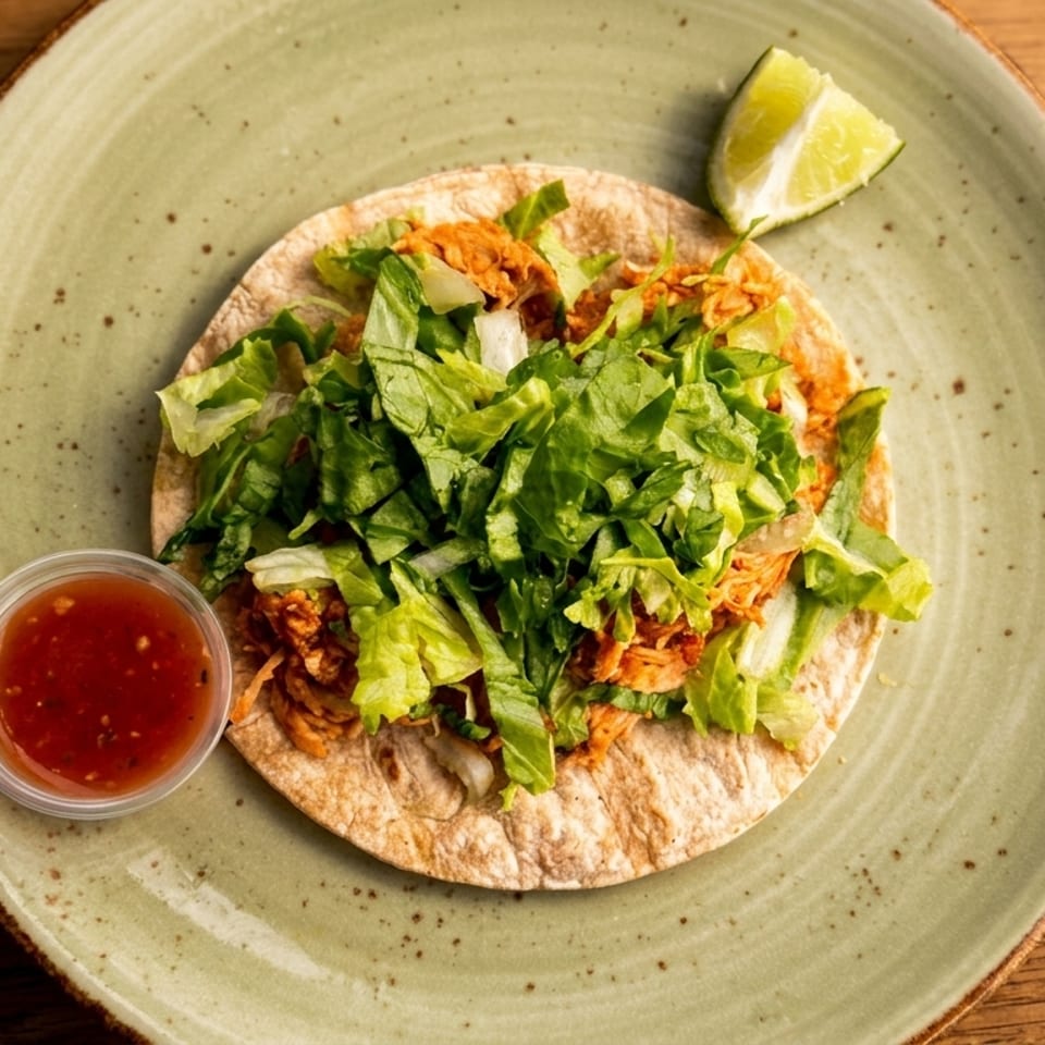 A chicken taco with lettuce, a side of salsa, and a lime wedge on a green plate.